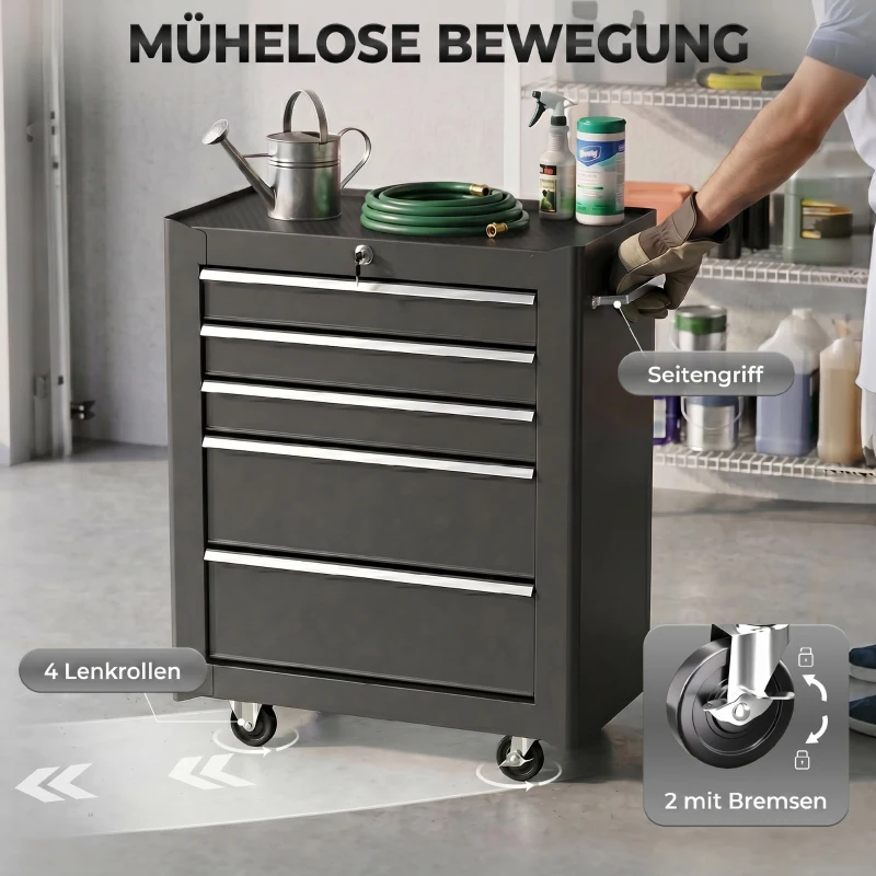 HOMCOM Werkzeugschrank, Werkzeugkiste, 5 Schubladen, rollbar, Stahl, Schwarz(m-6)
