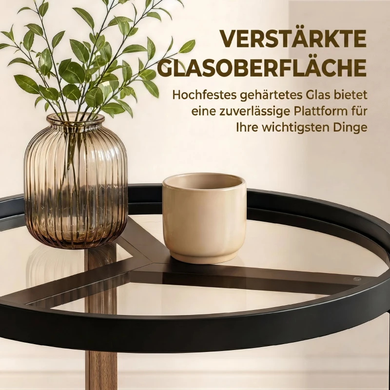 HOMCOM Runder Beistelltisch mit gehärteter Glasplatte und geometrischem Metallgestell für kleine Räume, Schwarz