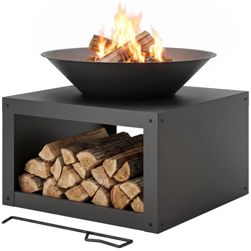 Outsunny Focar Ø59 cm cu raft pentru lemne, cârlig, utilizabil cu lemne și cărbune, rotund, Negru