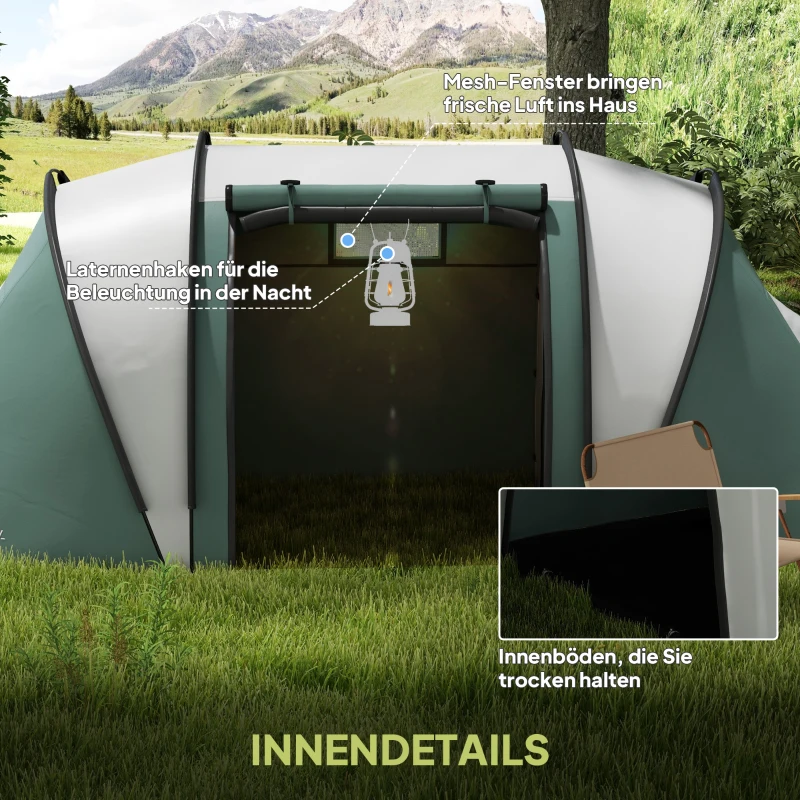 Outsunny Lichtgewicht Waterafstotende Campingtent voor 4-5 Personen met 3 Kamers, Zijdeur en Ramen in Donkergroen