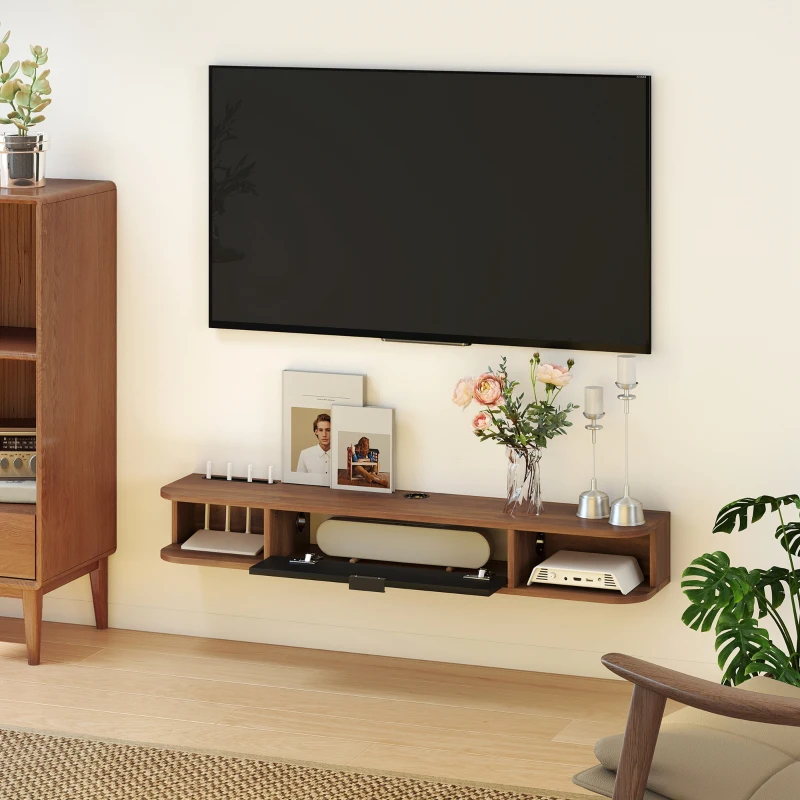 HOMCOM Meuble TV Suspendu, Meuble Télé pour Téléviseur jusqu'à 50 Pouces, Tiroir Rabattable, 2 Étagères, 120x24x16cm, Noyer