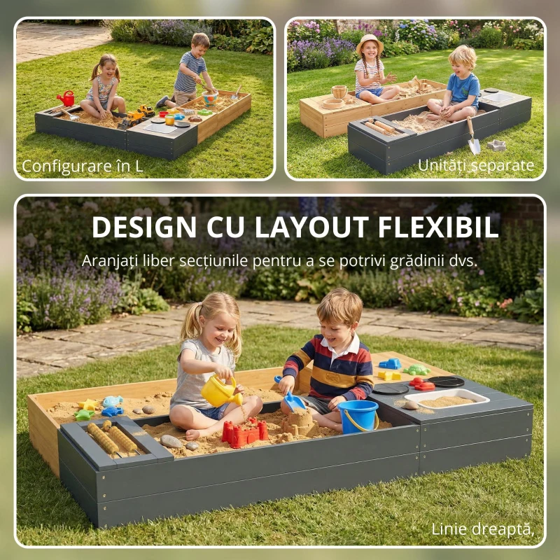 AIYAPLAY Set ladă pentru nisip 2 piese 150x90 cm lemn ladă de nisip cu bancă spațiu depozitare plită chiuvetă detașabilă mărgele abac Galben