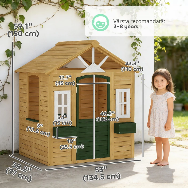 AIYAPLAY Căsuță de joacă din lemn pentru exterior cu ușă 3 ferestre 2 jardiniere pentru copii 3-8 ani 134,5 x 97 x 150 cm Maro