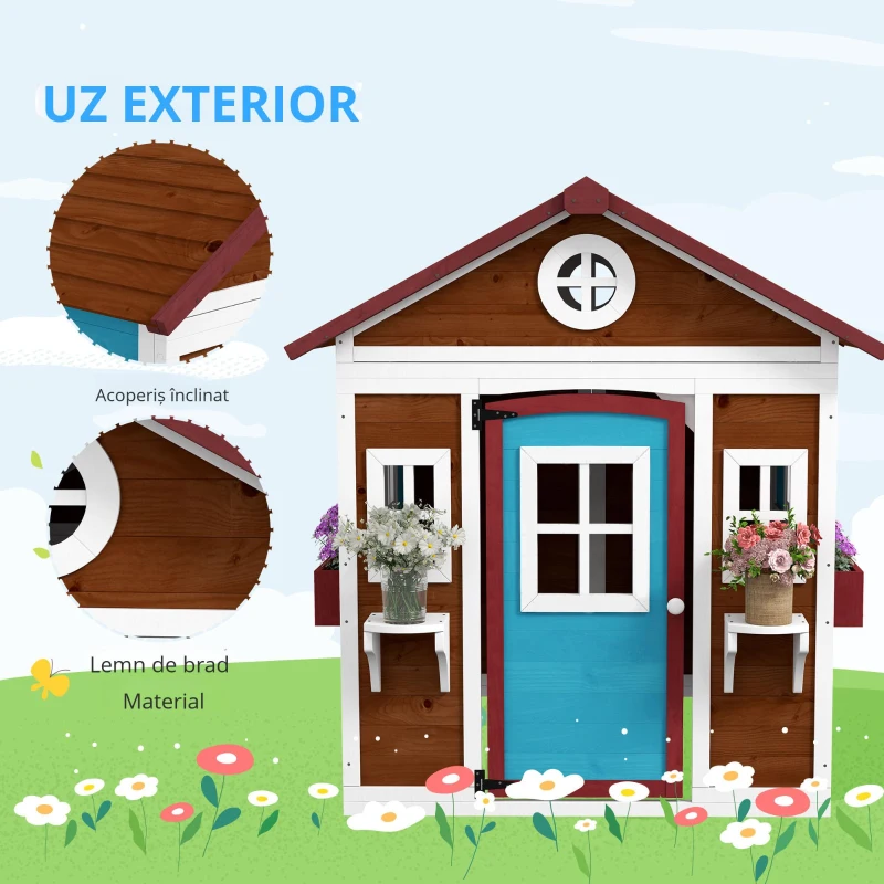 Outsunny Căsuță copii exterior casă de joacă exterioară cu ușă ferestre și jardiniere 114 x 126,4 x 135 cm Maro
