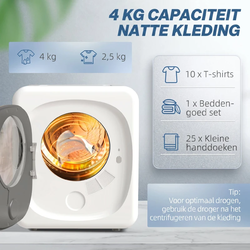 HOMCOM 4 kg wasdroger, compact ontwerp, 5 modi, timer, Wit+Zwart(m-5)