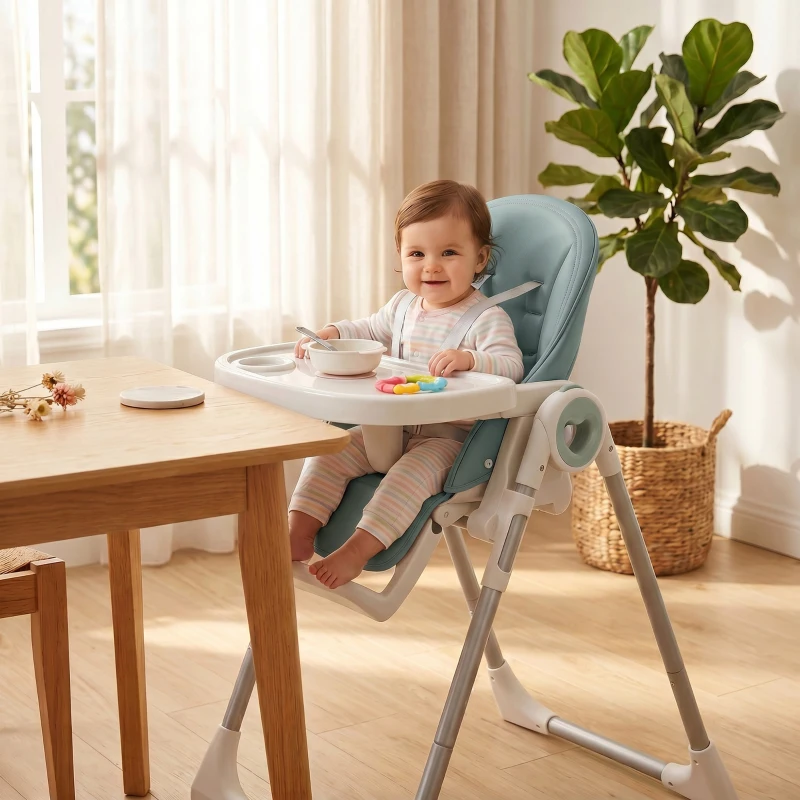 AIYAPLAY Scaun de Masă Pliabil pentru Copii 6-36 Luni cu Înălțime Reglabilă, Tăviță Dublă Lavabilă, Roți, Verde