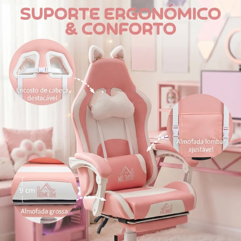 HOMCOM Cadeira Gaming com Orelhas Cadeira Gamer Reclinável com Altura Ajustável e Suporte Lombar 65x62x116-124 cm Rosa e Branco