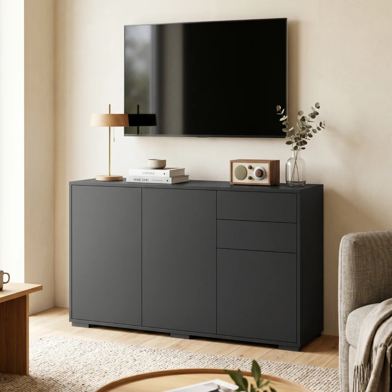 HOMCOM Mobile buffet con 2 cassetti, 3 ante e ripiano regolabile, 117x36x74 cm, nero