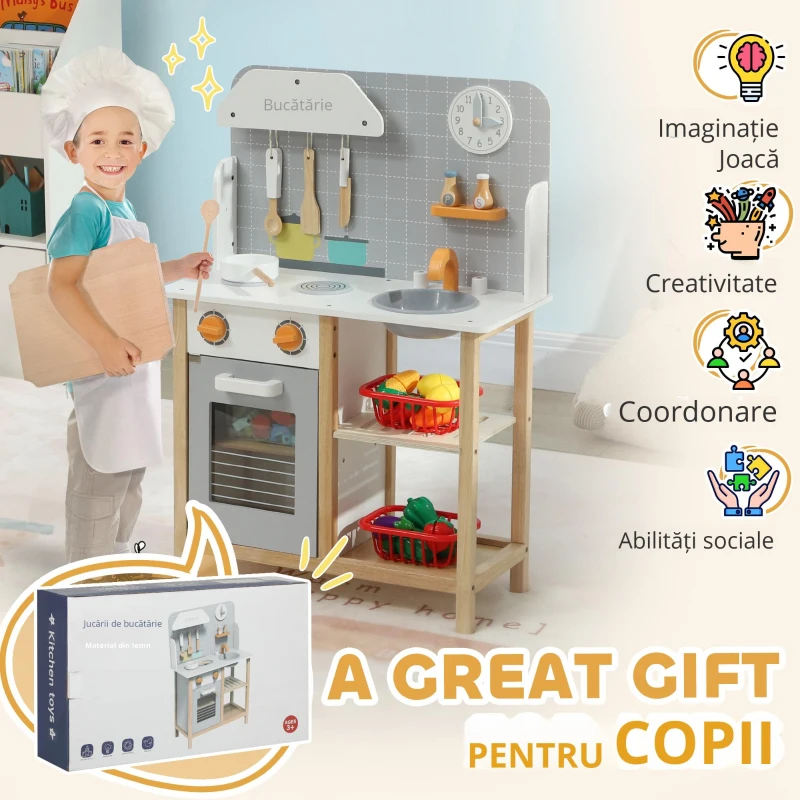 AIYAPLAY Bucătărie de jucărie cu accesorii, plită & cuptor, chiuvetă, ceas, rafturi, pentru 3-6 ani, Gri