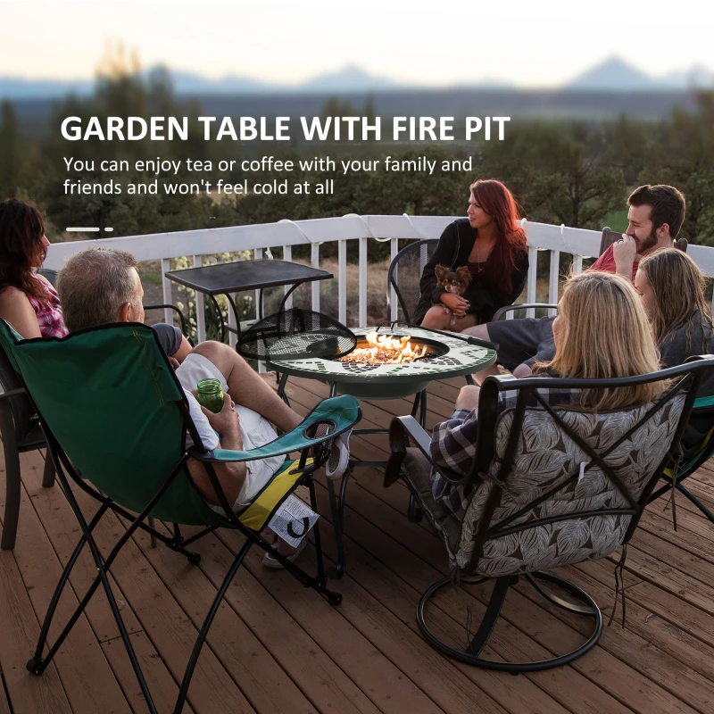 Outsunny 3-in-1 Φ68cm Outdoor Fire Pit, Garden Table with Cooking BBQ Grill, Mosaic Firepit Bowl with Spark Screen Cover, Fire Poker for Backyard Bonfire Patio