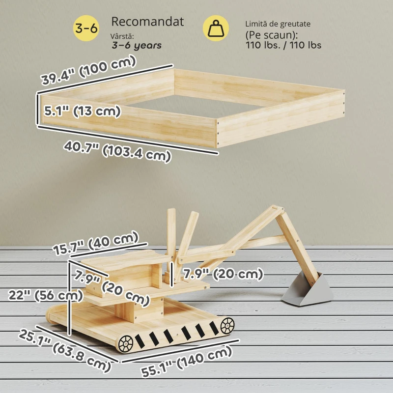 AIYAPLAY Cutie de nisip din lemn pentru copii cu excavator, cutie de nisip pentru copii cu scaun rotativ 360° și căptușeală 184x90x56 cm natural