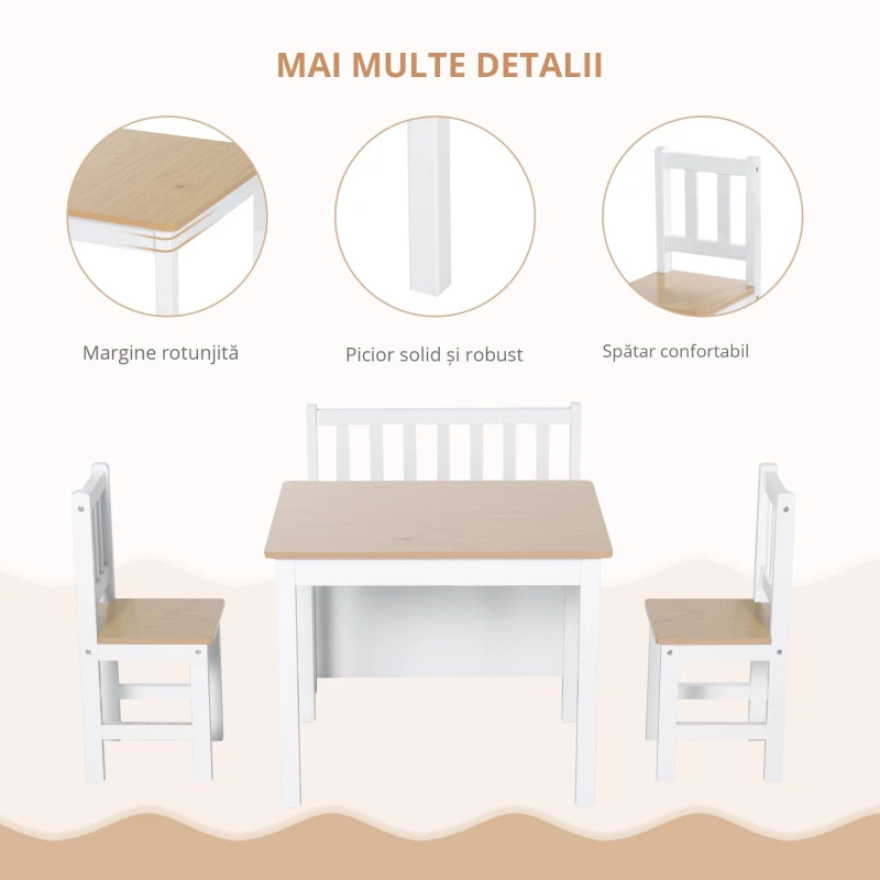 Homcom Set 4 Pezzi Tavolino con Sedie e Panca Portaoggetti per Bambini in Legno