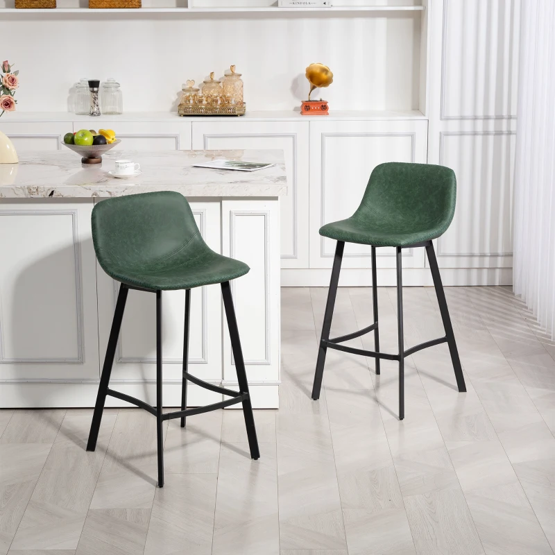 HOMCOM Bar Stools Set of 2, PU Leather Dining Stools with Backrest, Footrest, for Kitchen, Counter, Breakfast Bar, Green