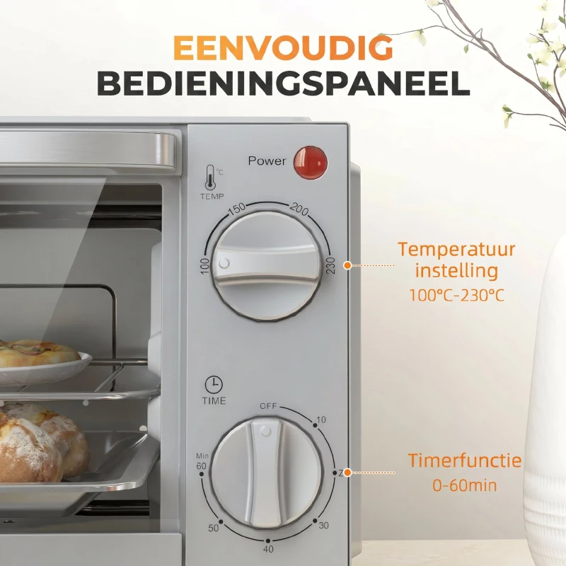 HOMCOM Mini-oven, 9 L met Bakplaat, Grillrooster, Instelbare Temperatuur en Kooktijd, Roestvrij Staal, Zilver(m-7)