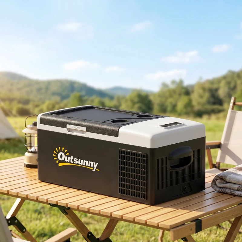 Outsunny Nevera de Coche 16L -20℃-10℃ 12 / 24V DC y 100-240V CA con Modos ECO/MAX para Camping Viajes 60x32x26 cm Negro y Gris