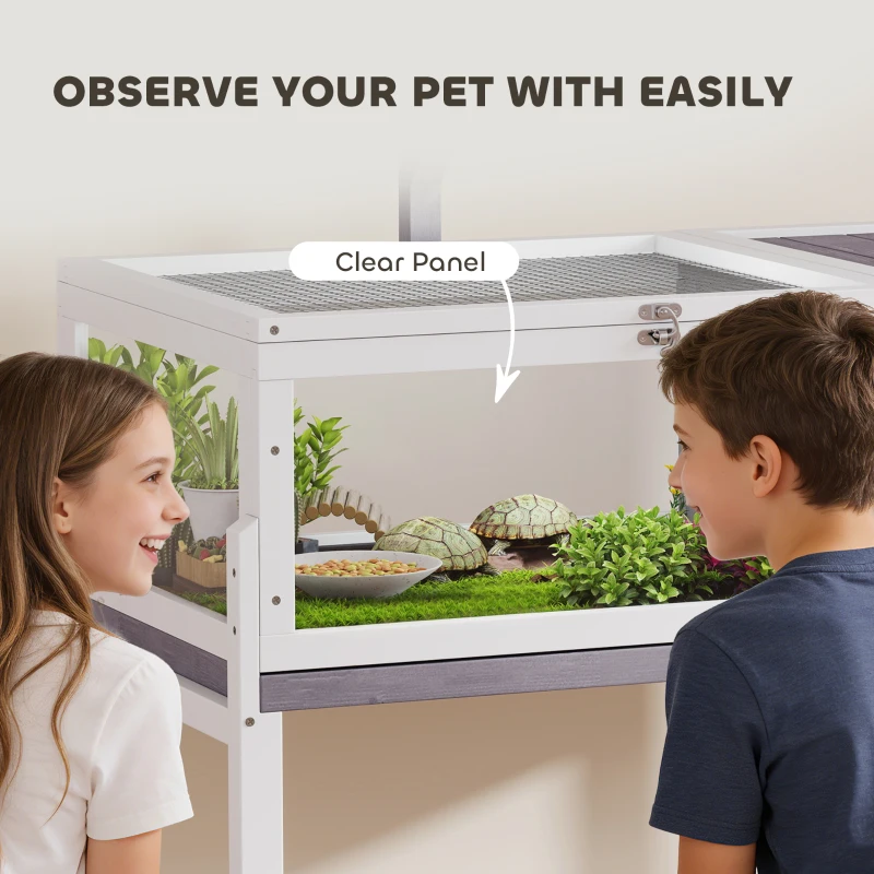 PawHut Wooden Tortoise House with Dual-Zone Habitat, Clear Panels, Openable Top, Metal Mesh, for Tortoises and Small Pets, Grey