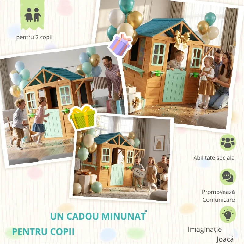 AIYAPLAY Căsuță de joacă pentru exterior cu tejghea de vânzare, ghiveci pentru plante, tablă de cretă, țintă, 4 bile 142 x 120 x 141,5 cm Multicolor