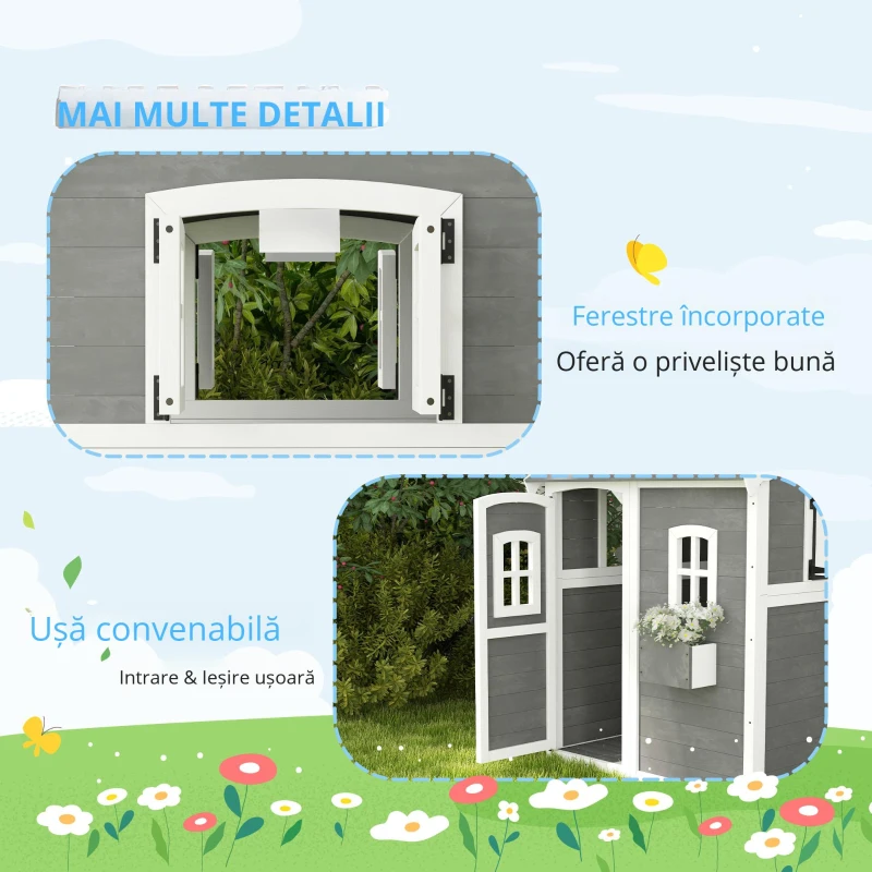Outsunny Căsuță de joacă pentru copii, casă pentru interior și exterior cu ușă, ferestre și lădiță pentru flori, lemn de brad, gri