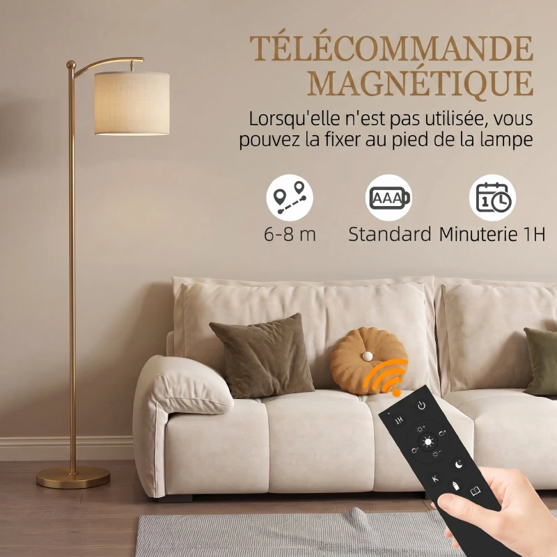 HOMCOM Lampadaire dimmable 2 températures de couleur avec télécommande, minuterie de 60 minutes, 160 cm, doré