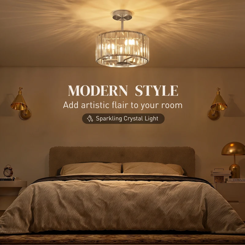 HOMCOM Semi Flush Mount Modern Crystal Chandelier Ceiling Light, Crystal Ceiling Light Fixture with E14 Base, Silver Tone