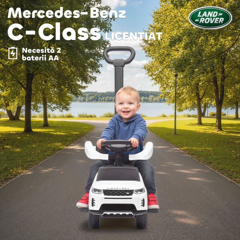 AIYAPLAY Mașinuță de Împins Licență Land Rover cu Mâner și Barieră, din PP și Oțel, 84x40x94.5 cm, Alb