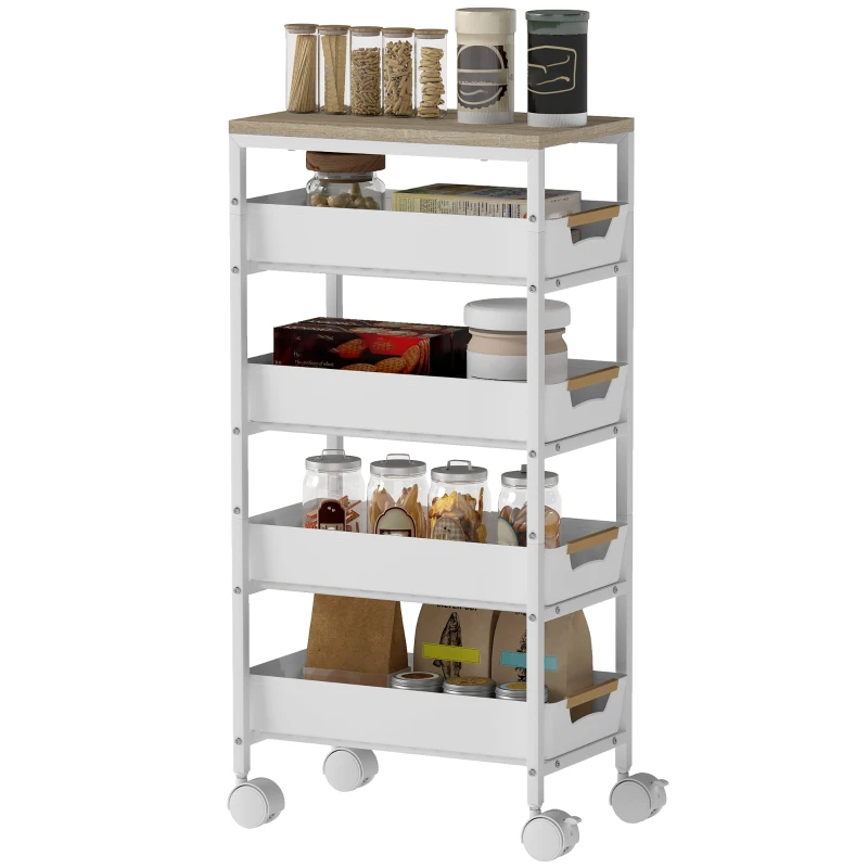 HOMCOM 5-laagse Keukentrolley, Houten Uiterlijk, Rolbaar, Metalen Frame, 4 Lades, Wit