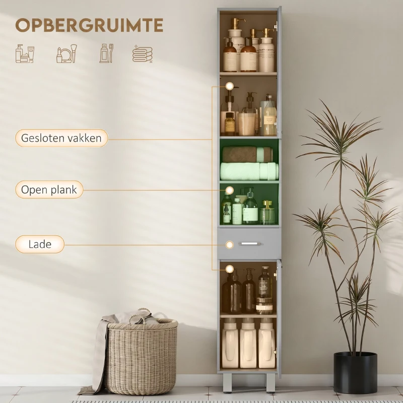 kleankin badkamerkast, ladekast voor badkamer, met planken en lade, verstelbaar, grijs