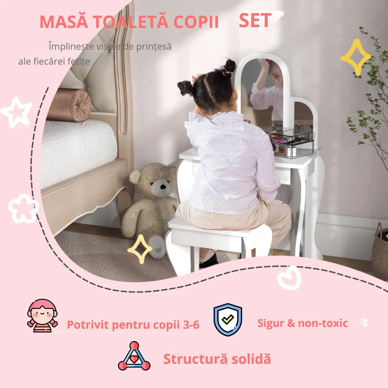 HOMCOM Măsuță pentru copii cu oglindă și taburet Măsuță de toaletă pentru fete 3-6 ani cu sertar alb