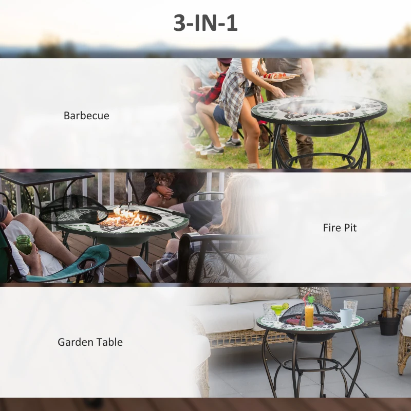 Outsunny 3-in-1 Φ68cm Outdoor Fire Pit, Garden Table with Cooking BBQ Grill, Mosaic Firepit Bowl with Spark Screen Cover, Fire Poker for Backyard Bonfire Patio