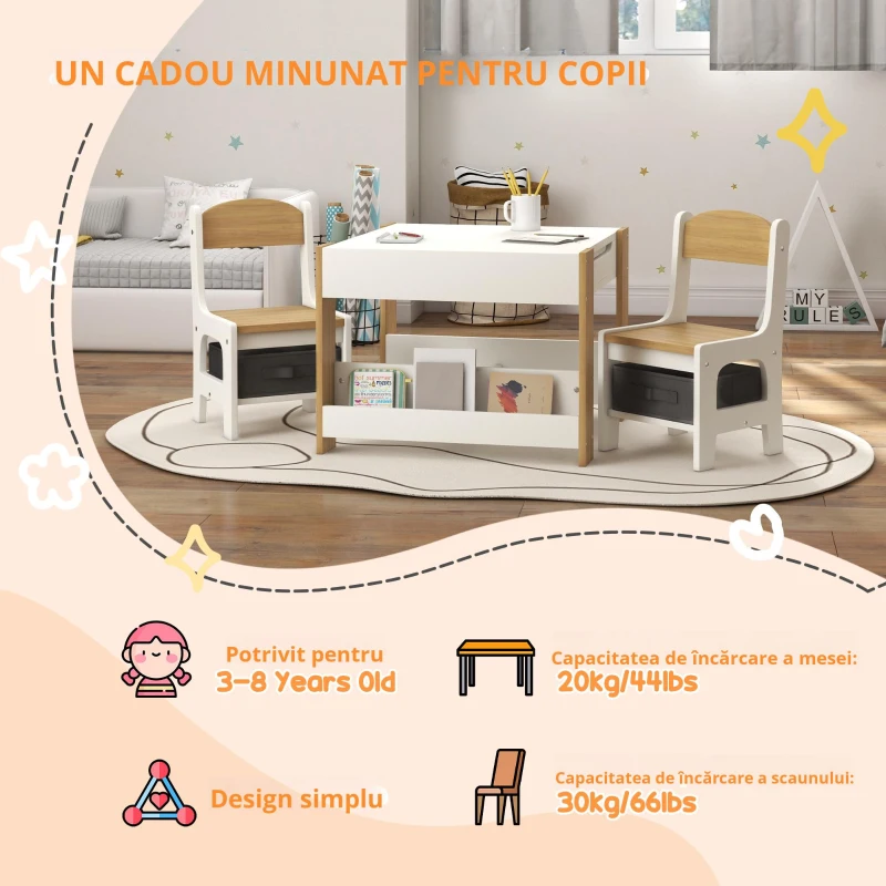 HOMCOM Set 3 piese masă și 2 scaune pentru copii cu blat reversibil, tablă neagră, coș de depozitare, rafturi