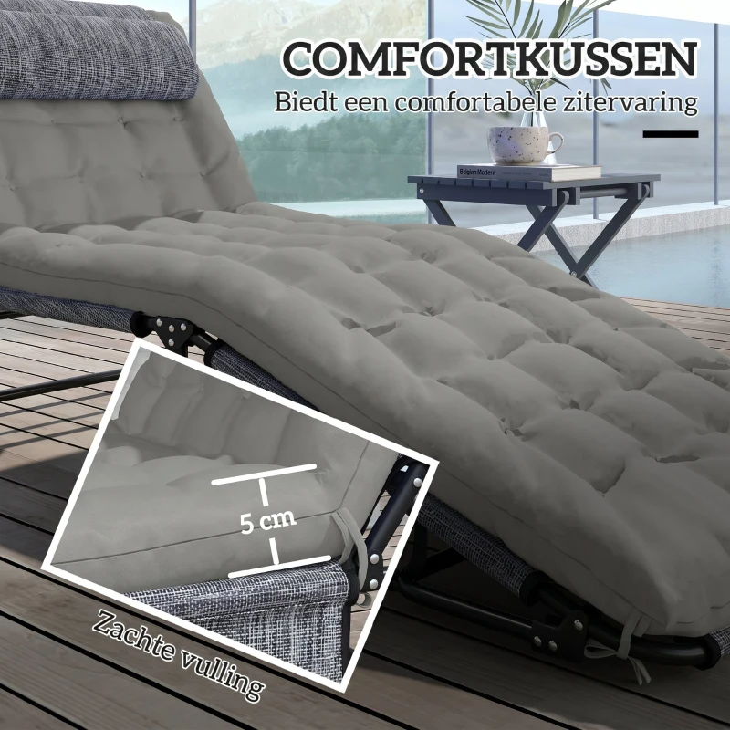 Outsunny Ligbed, 4-voudig verstelbare rugleuning, kussen, zijvak, hoofdsteun, 68 x 189 x 30 cm, Grijs
