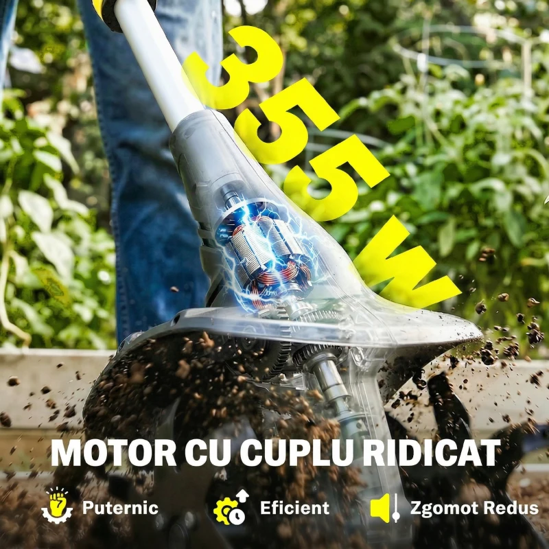 Outsunny Motosapă Fără Fir 18V, Lățime de Lucru 20cm, Adâncime 18cm, 4 Lame, Mâner Reglabil, pentru Grădină și Terenuri, Bateria și Încărcătorul Nu Sunt Incluse