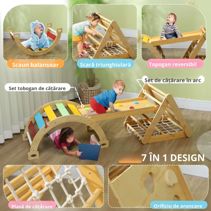 AIYAPLAY Cadru de cățărat interior, triunghi de cățărat 7 în 1 cu tobogan, arc de cățărat, multicolor
