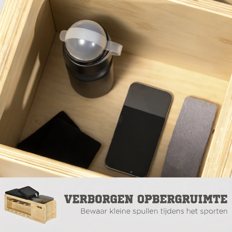 HOMCOM Halterbank met halterrek, 1 opbergmand, verstelbaar in 6 posities, massief hout, naturel + zwart(m-6)
