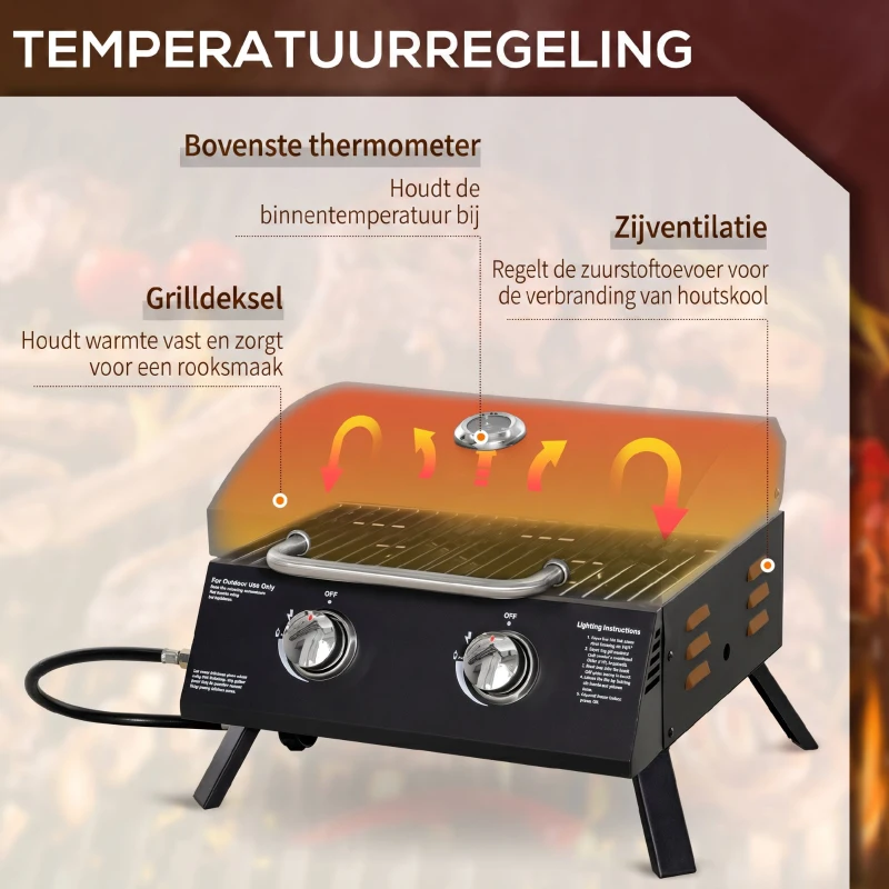Outsunny tafelgrill gasgrill BBQ met 2 branders mobiele grillwagen grillnet klein buitentafel gasgrill picknick met reduceerslang RVS zwart 55 x 46.5 x 41 cm