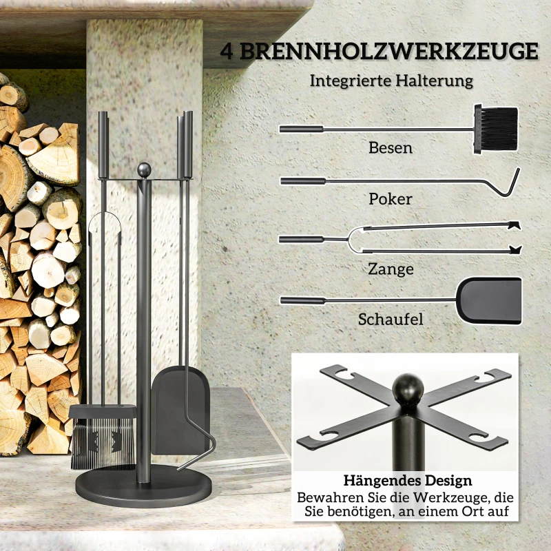 Outsunny Haardgereedschap, 5-delig, Bezem, Schop, Tang, Pook en Standaard, Brandveilig Metaal, Zwart
