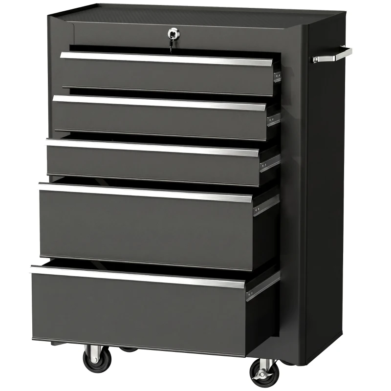 HOMCOM Carro de Herramientas para Taller con Ruedas 5 Cajones Armario con Cierre y Asa Lateral 61,5x33x82,5 cm Negro