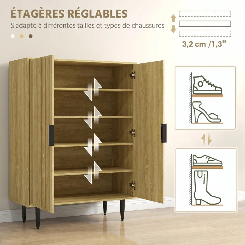 HOMCOM Meuble à Chaussures 15 Paires, Armoire à Chaussures 5 Niveaux avec Étagères Réglables, 2 Portes et Pieds en Métal, Chêne