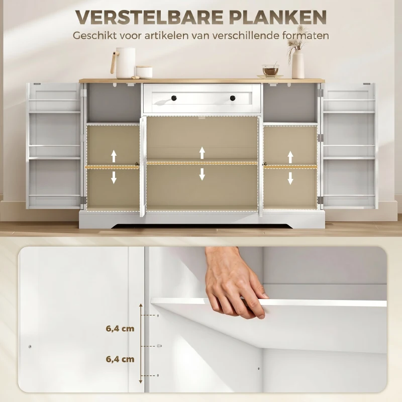 HOMCOM Sideboard keukenkast met 4 deuren, lade, verstelbare plank, deurplanken voor keuken, eetkamer, 138x40x85cm, wit