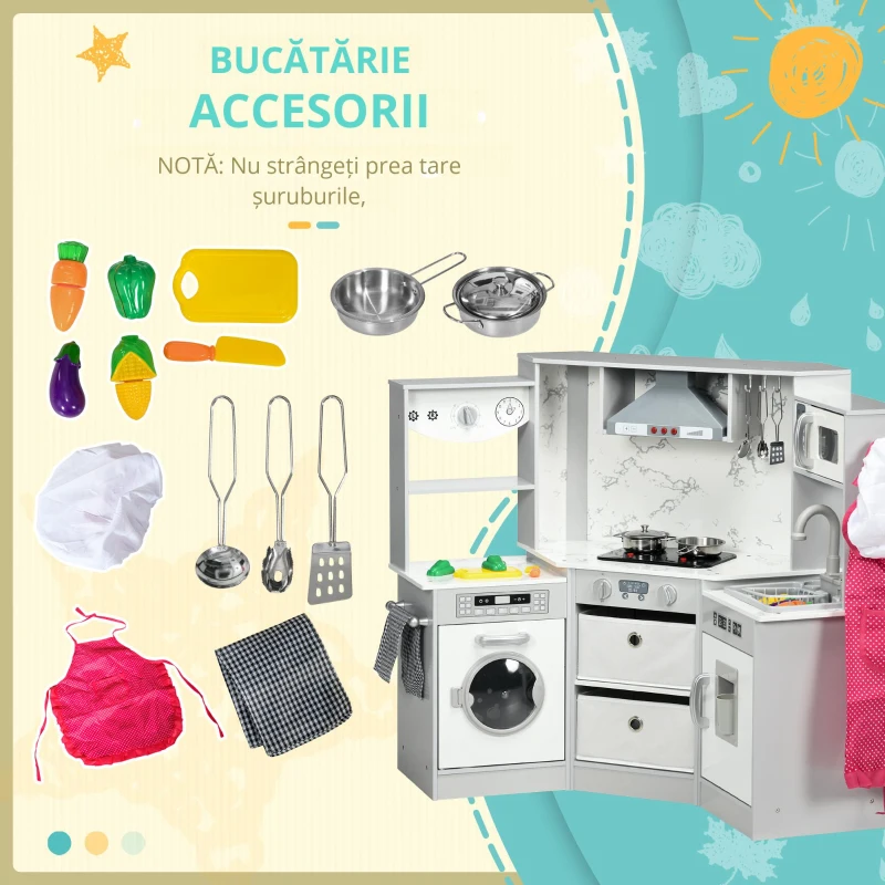 AIYAPLAY Bucătărie pentru copii din lemn cu 17 accesorii legume din plastic butoane și lumini șapcă 3-6 ani gri alb