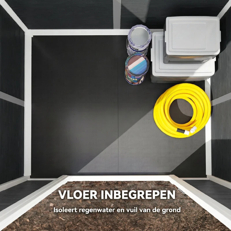 Outsunny Tuinschuur 1,1 m² Opbergschuur met Houtlook Venster Zadeldak Ventilatie Bodem Slot Handschoenen Grijs