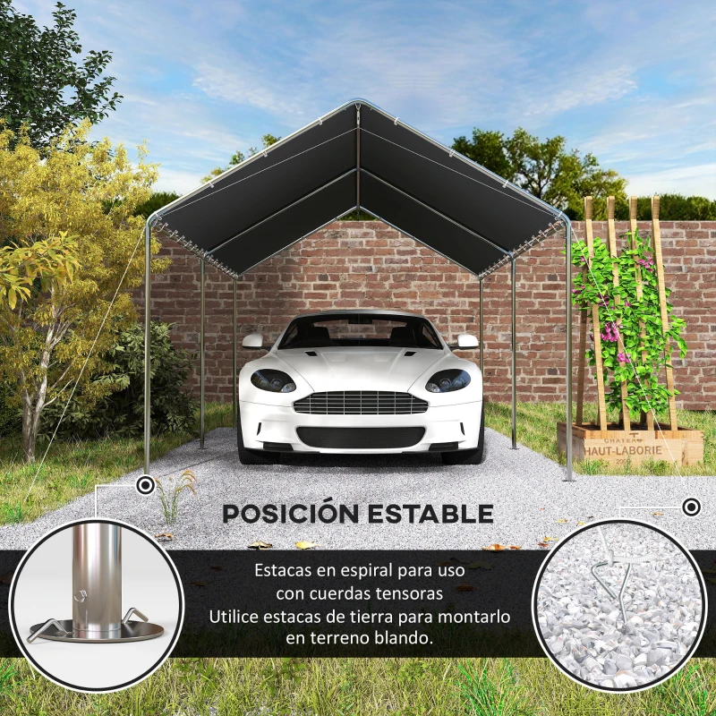 Outsunny Carpa Garaje para Coche 3x6 m Cochera Portátil Impermeable con Toldo de Tela PE y Marco de Acero Galvanizado Gris