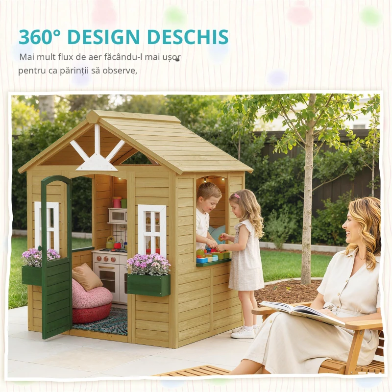 AIYAPLAY Căsuță de joacă din lemn pentru exterior cu ușă 3 ferestre 2 jardiniere pentru copii 3-8 ani 134,5 x 97 x 150 cm Maro