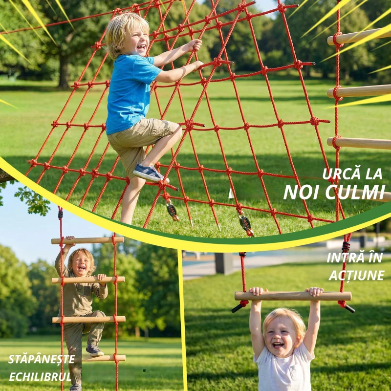 AIYAPLAY Ninja Line Set Slackline pentru copii 10 m cu inele, leagăn, scară de cățărat și plasă de cățărat pentru 3-6 ani 1000x300x180 cm Roșu