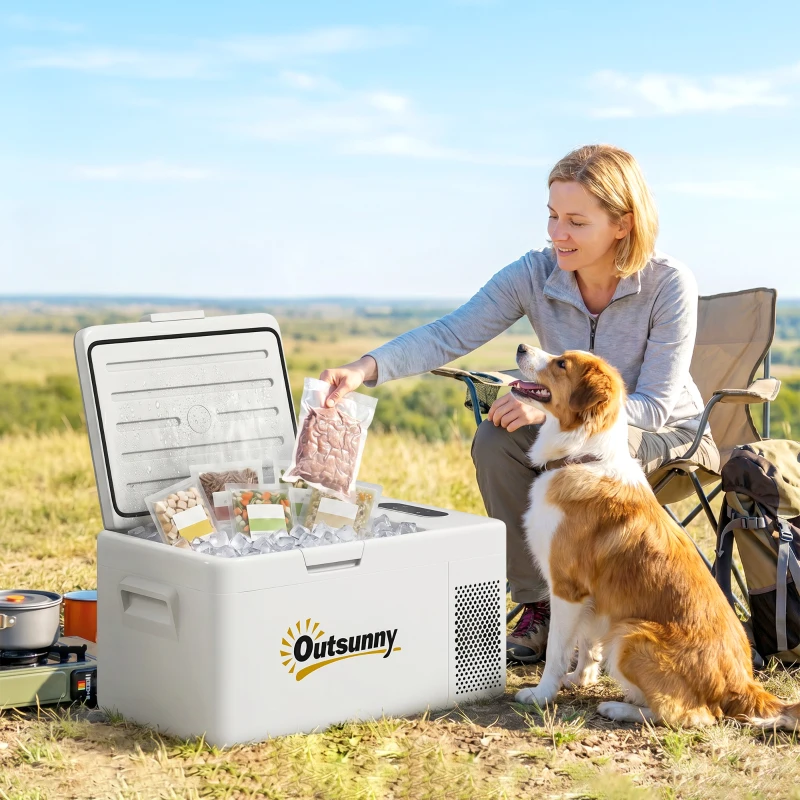 Outsunny Nevera Portátil Eléctrica 16,8L Refrigerador de Coche 12/24/220V -20℃ a +20 ℃ con Pantalla Luz LED 59x32x28 cm Blanco
