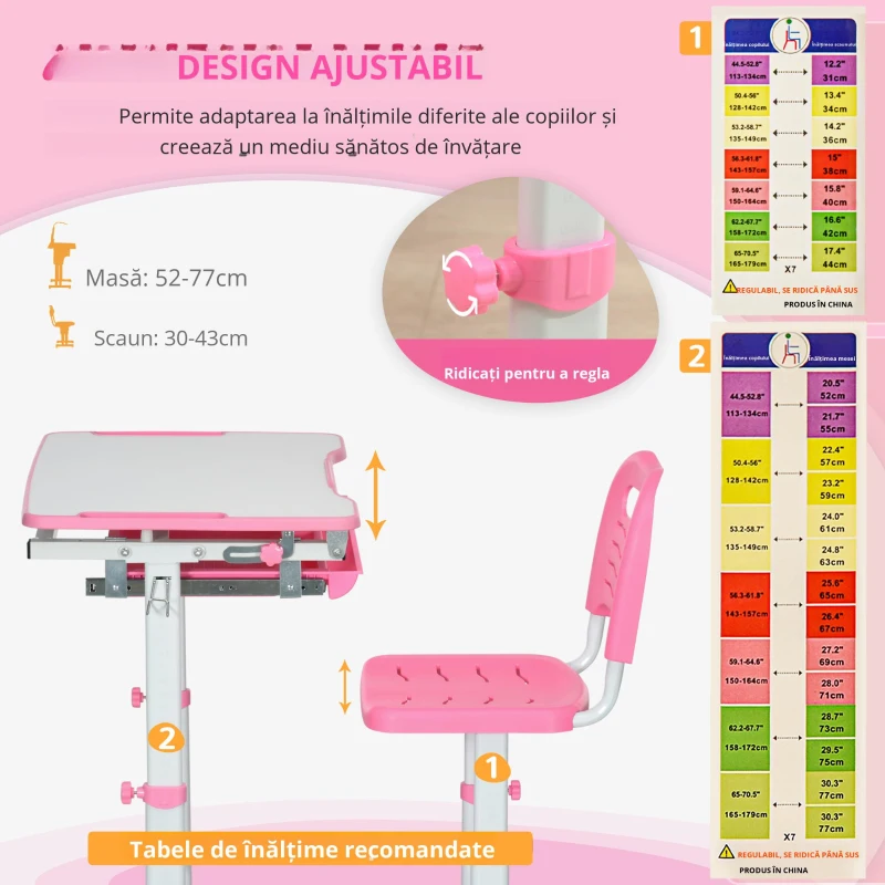 HOMCOM Set Masă și Scaun pentru Copii Reglabilă pe Înălțime, cu Blat Înclinabil 45°, 66x47x52-77 cm, Roz