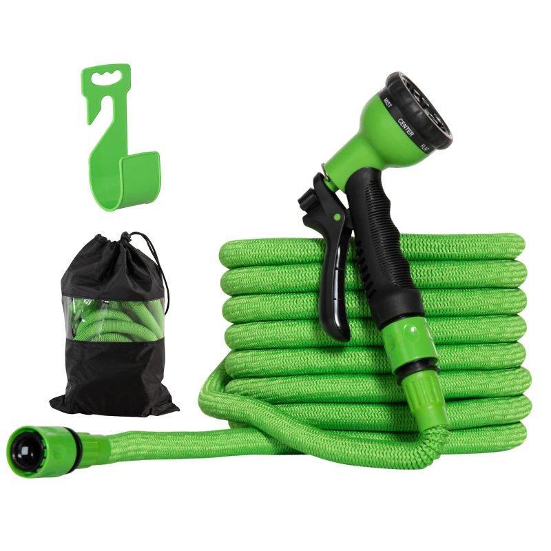 Outsunny Tubo da Giardino Estensibile da 15m con Pistola Spray a 8 Funzioni, Verde
