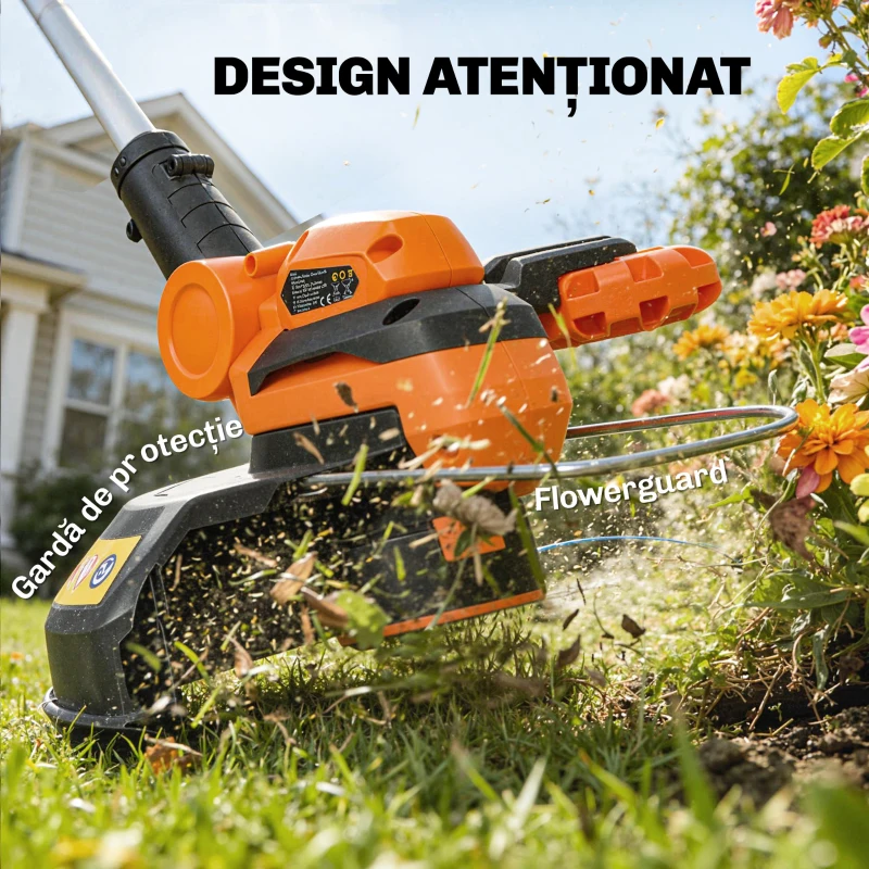 Outsunny Trimmer cu Acumulator 2-în-1, Tăietor de Iarbă 18V cu 2 Baterii de 4Ah, Încărcător, Tija Telescopică, Cap Înclinat, Mâner Reglabil, Tăiere 25cm, 8000 RPM, Ușor pentru Gazon și Grădină