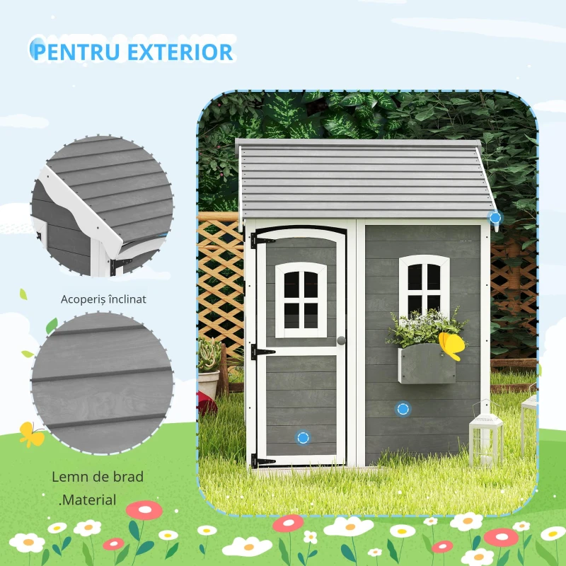 Outsunny Căsuță de joacă pentru copii, casă pentru interior și exterior cu ușă, ferestre și lădiță pentru flori, lemn de brad, gri