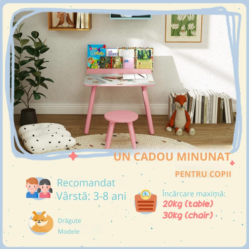 AIYAPLAY Set masă și scaun pentru copii, masă pentru copii cu scaun și suport pentru cărți, modele ursuleț, pentru copii 3-8 ani, roz